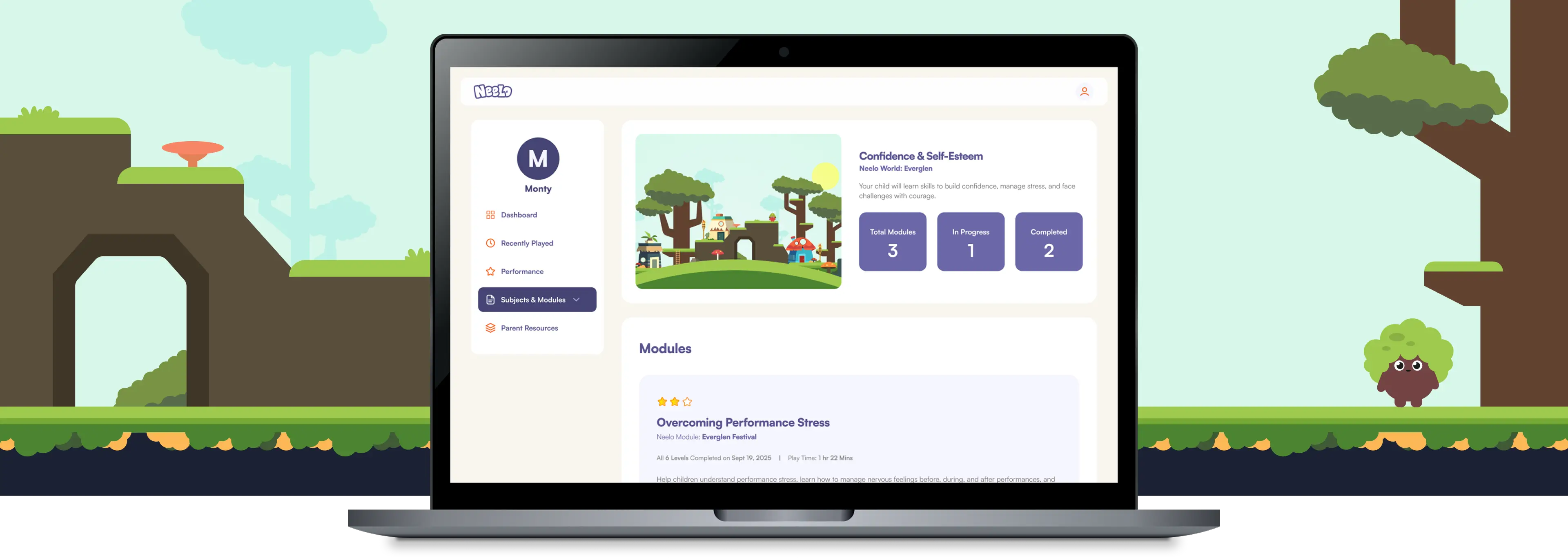 Laptop displaying the Neelo Parent Portal dashboard, showing skill-by-skill progress tracking, module completion, and learning areas. Laptop displaying the Neelo Parent Portal dashboard, showing skill-by-skill progress tracking, module completion, and learning areas.